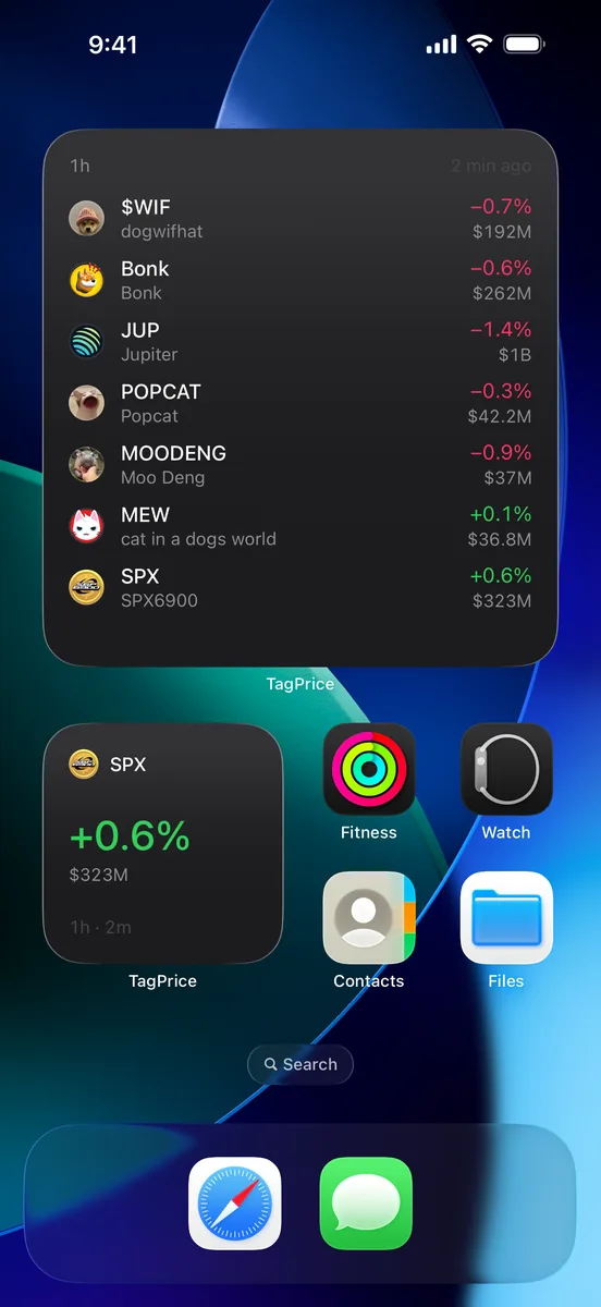 Home Screen with a large TagPrice widget listing seven coins and a small SPX widget
